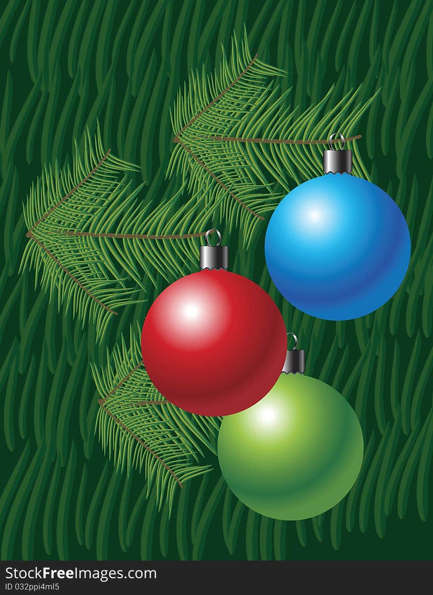 Christmas background with globes and pine leaves