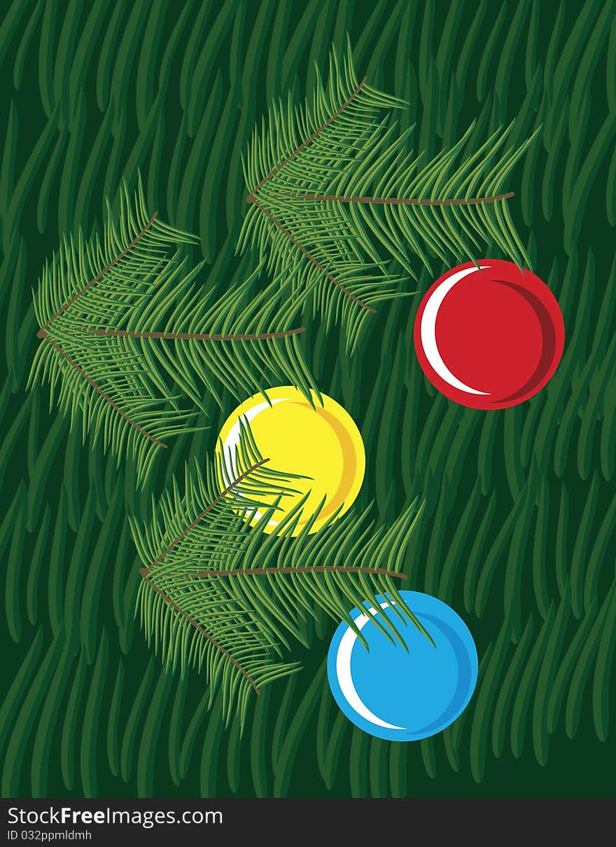 Christmas background with pine leaves and globes