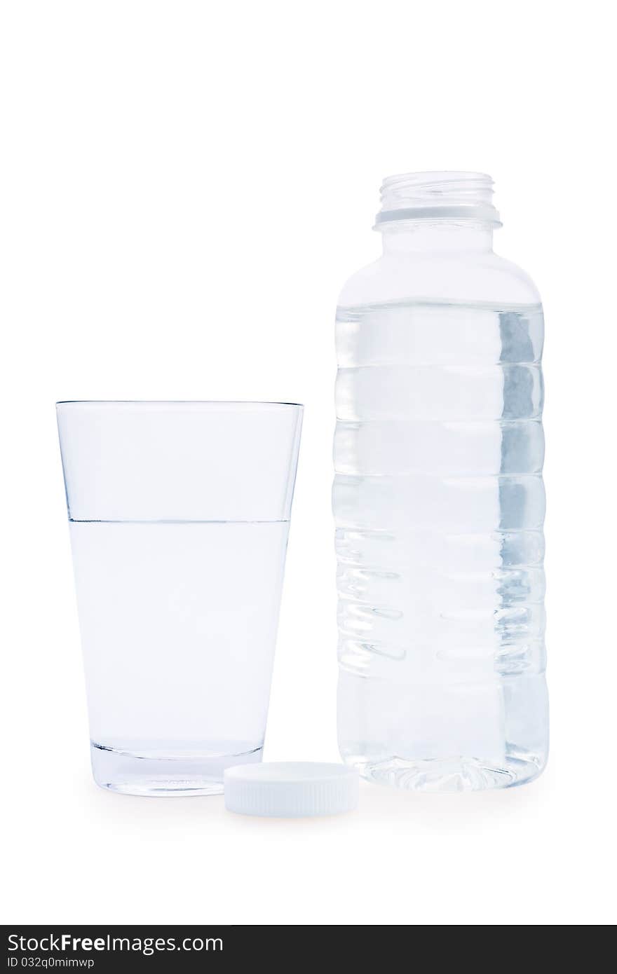 Composition of bottle and glass  with water