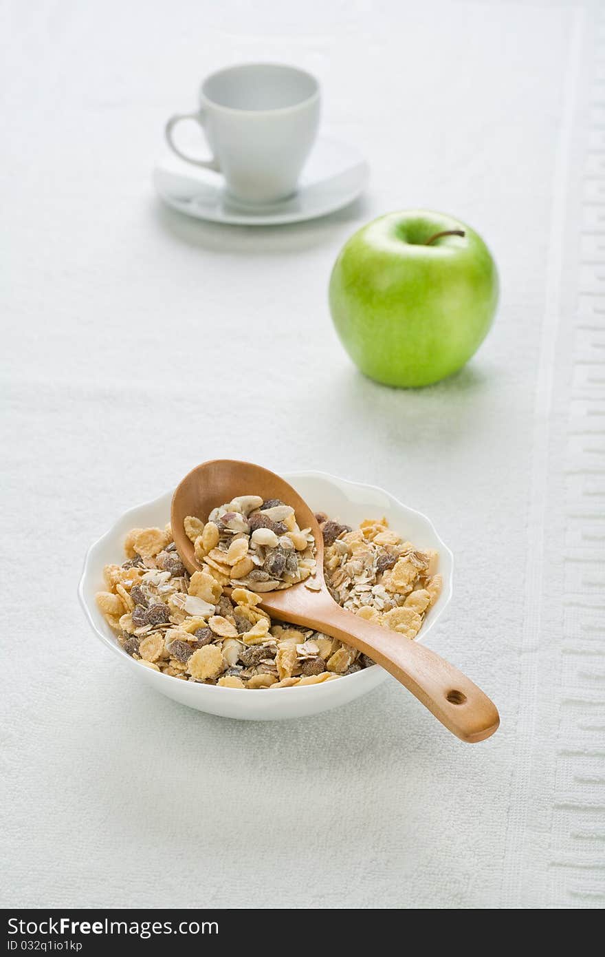 Dietary food with tableware on white background