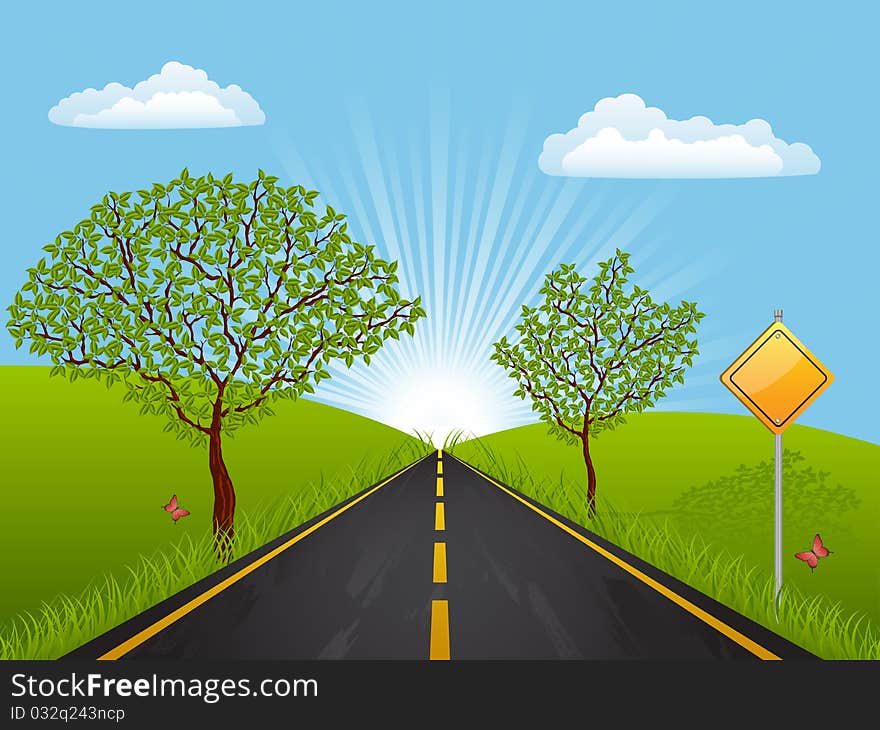 Summer landscape with a road. Vector illustration.