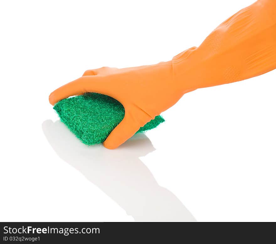 Hand in orange glove with sponge isolated on white background