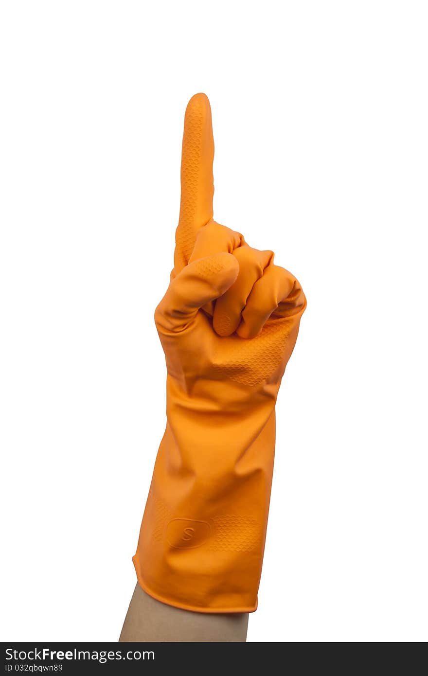 A Hand with orange protective glove pointing with a finger. A Hand with orange protective glove pointing with a finger