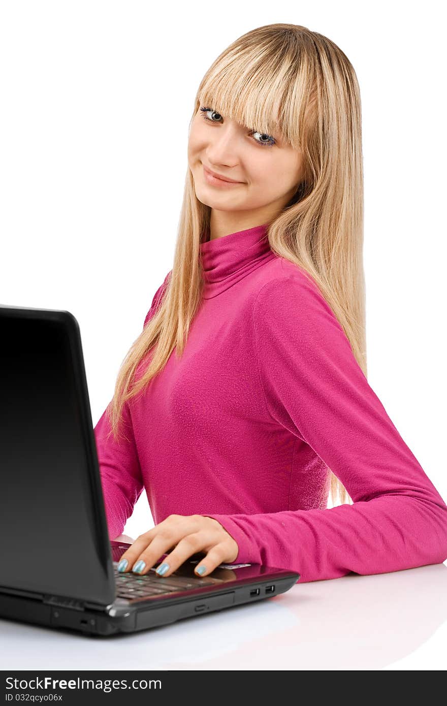 Girl with laptop isolated on white background