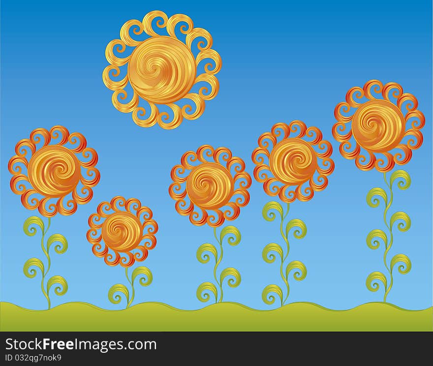 Vector stylization. Decorative flowers under the bright sun