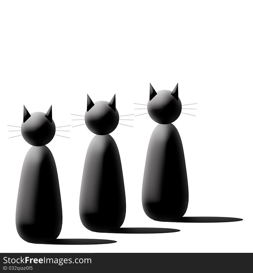 Three black cartoon cats on white background