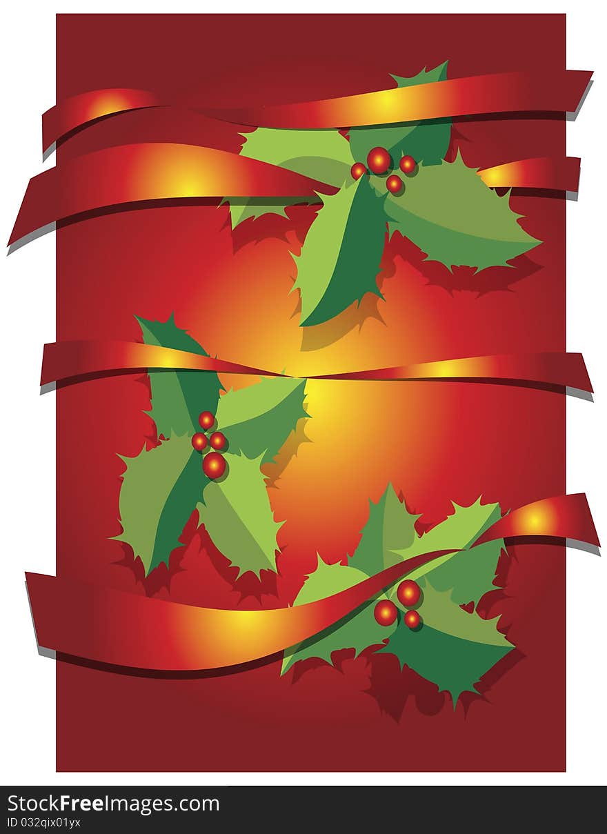 Christmas background with leaves and ribbons