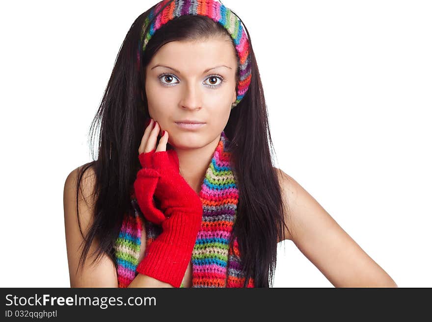 Beautiful girl with red mitten and neckerchief