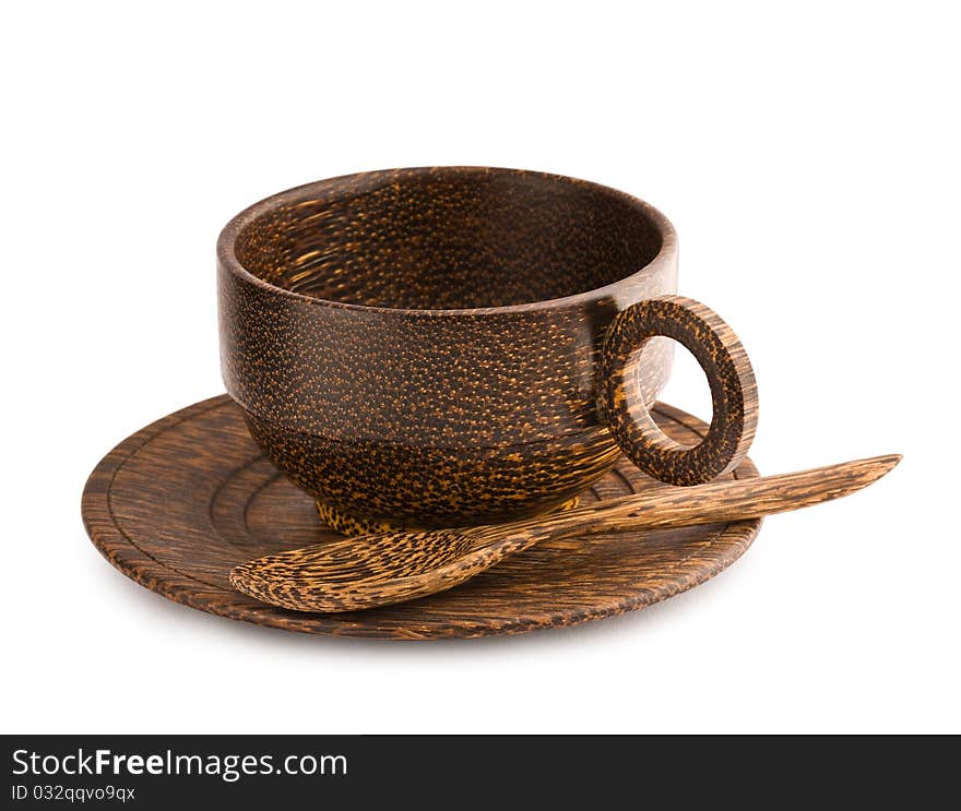 Empty brown wooden cup of teak tree isolated on white background