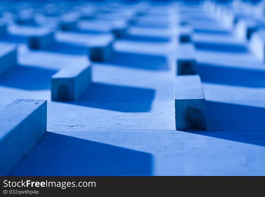 Blue wall with small bricks