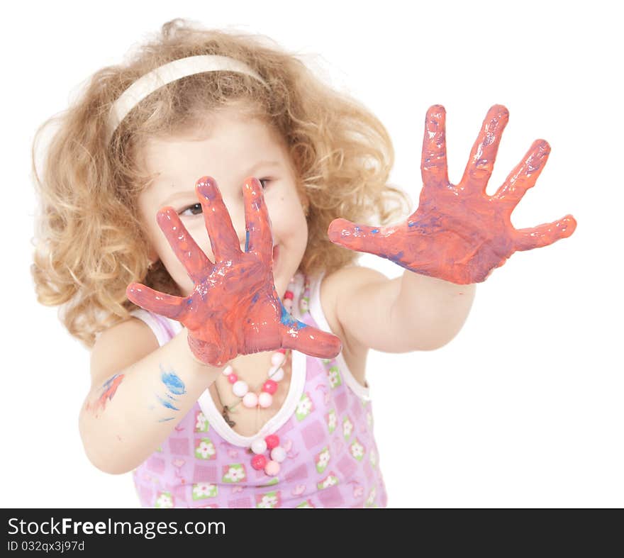 Little girl with paint red hands isolated on white