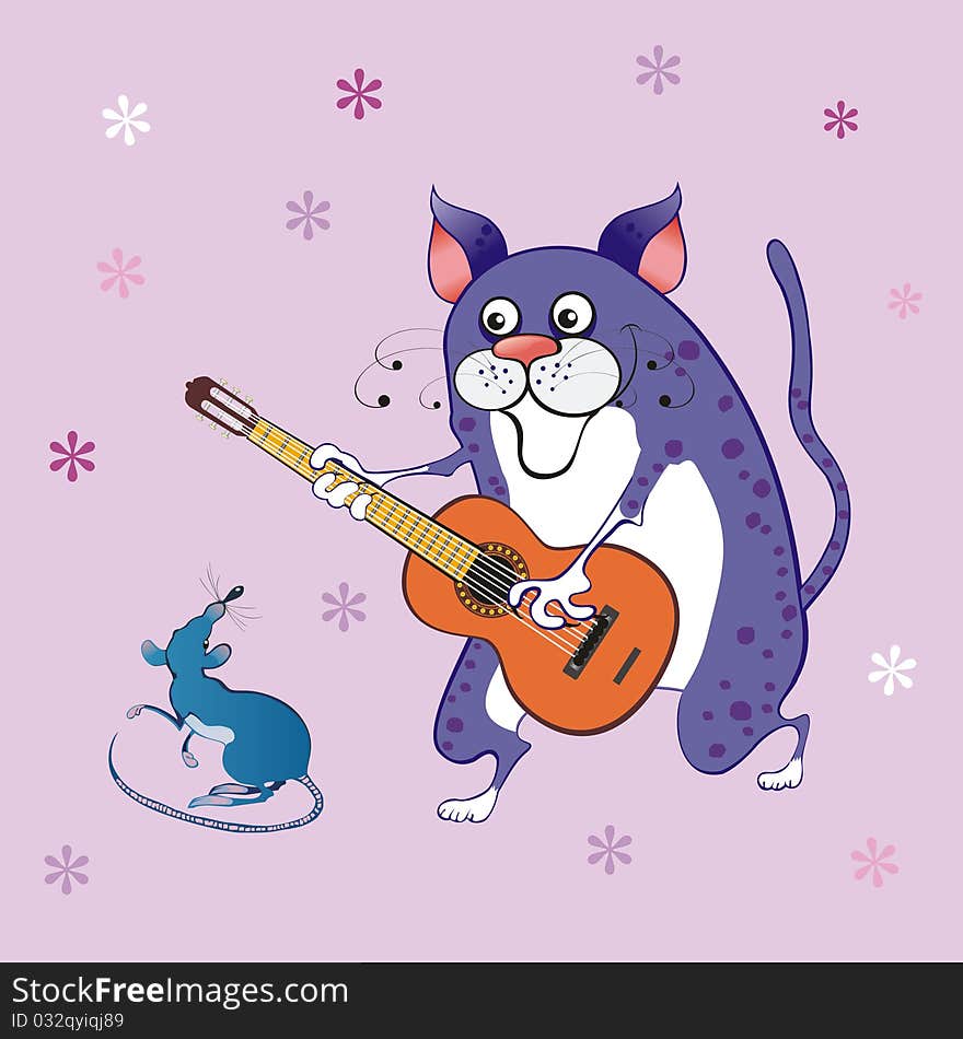 Cat with a guitar and a rat on a color background. Cat with a guitar and a rat on a color background