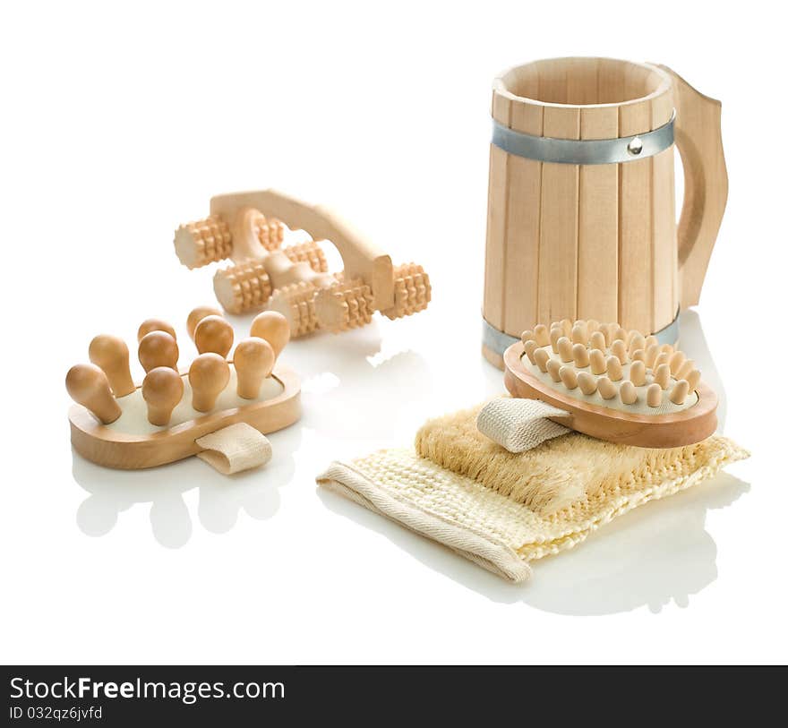 Wooden objects for taking bath isolated on white background. Wooden objects for taking bath isolated on white background