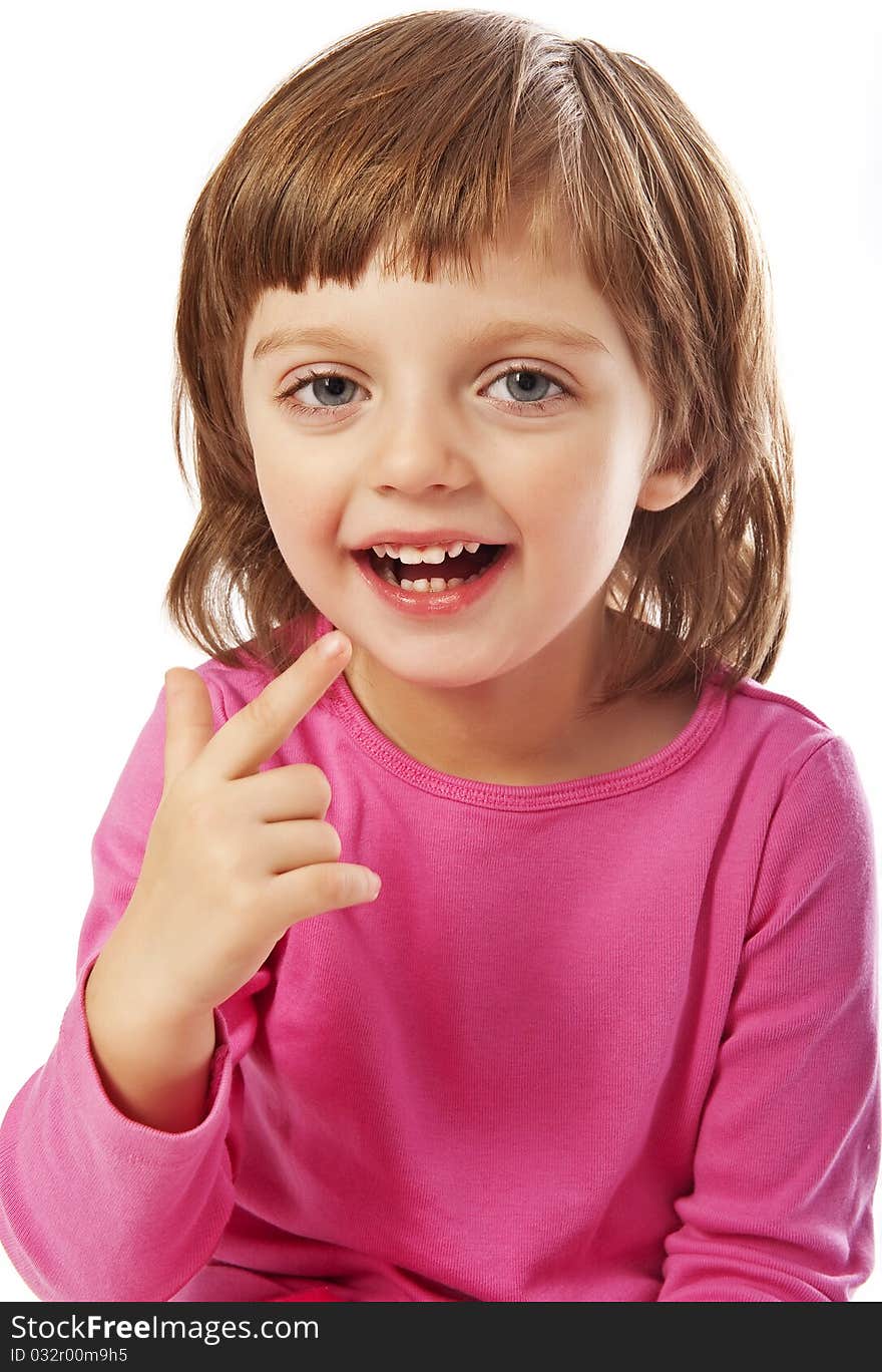 Little girl four years old showing something isolated on white. Little girl four years old showing something isolated on white