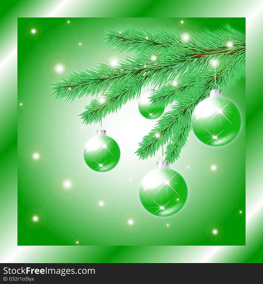 Postcard with a picture of a Christmas tree branch with Christmas balls, vector illustration, eps10. Postcard with a picture of a Christmas tree branch with Christmas balls, vector illustration, eps10