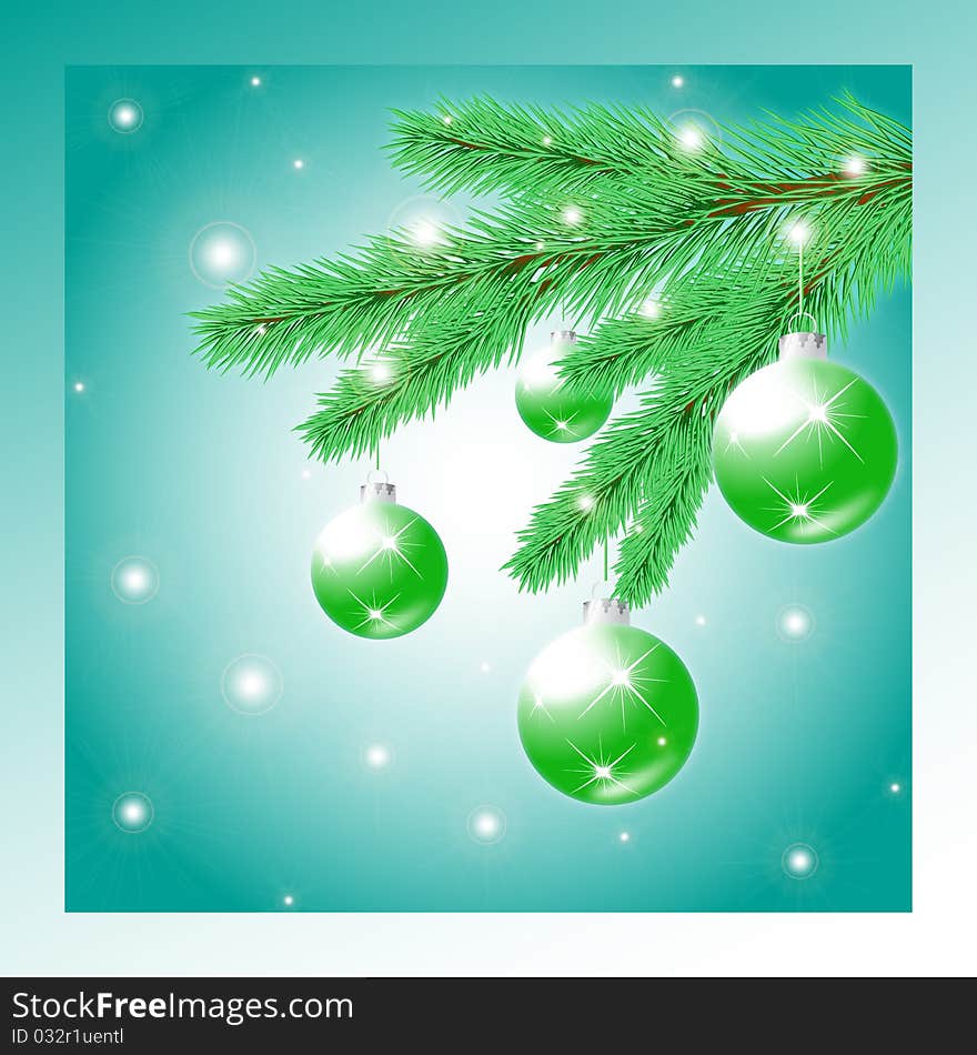 Postcard with a picture of a Christmas tree branch with Christmas balls, vector illustration, eps10. Postcard with a picture of a Christmas tree branch with Christmas balls, vector illustration, eps10