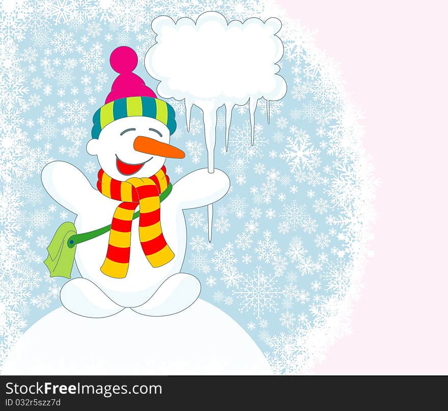 Design of Christmas card with snowman and blank signboard. Design of Christmas card with snowman and blank signboard