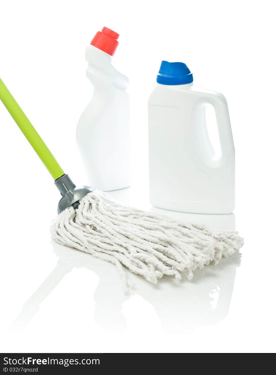 Mop and white cleaners isolated on white background