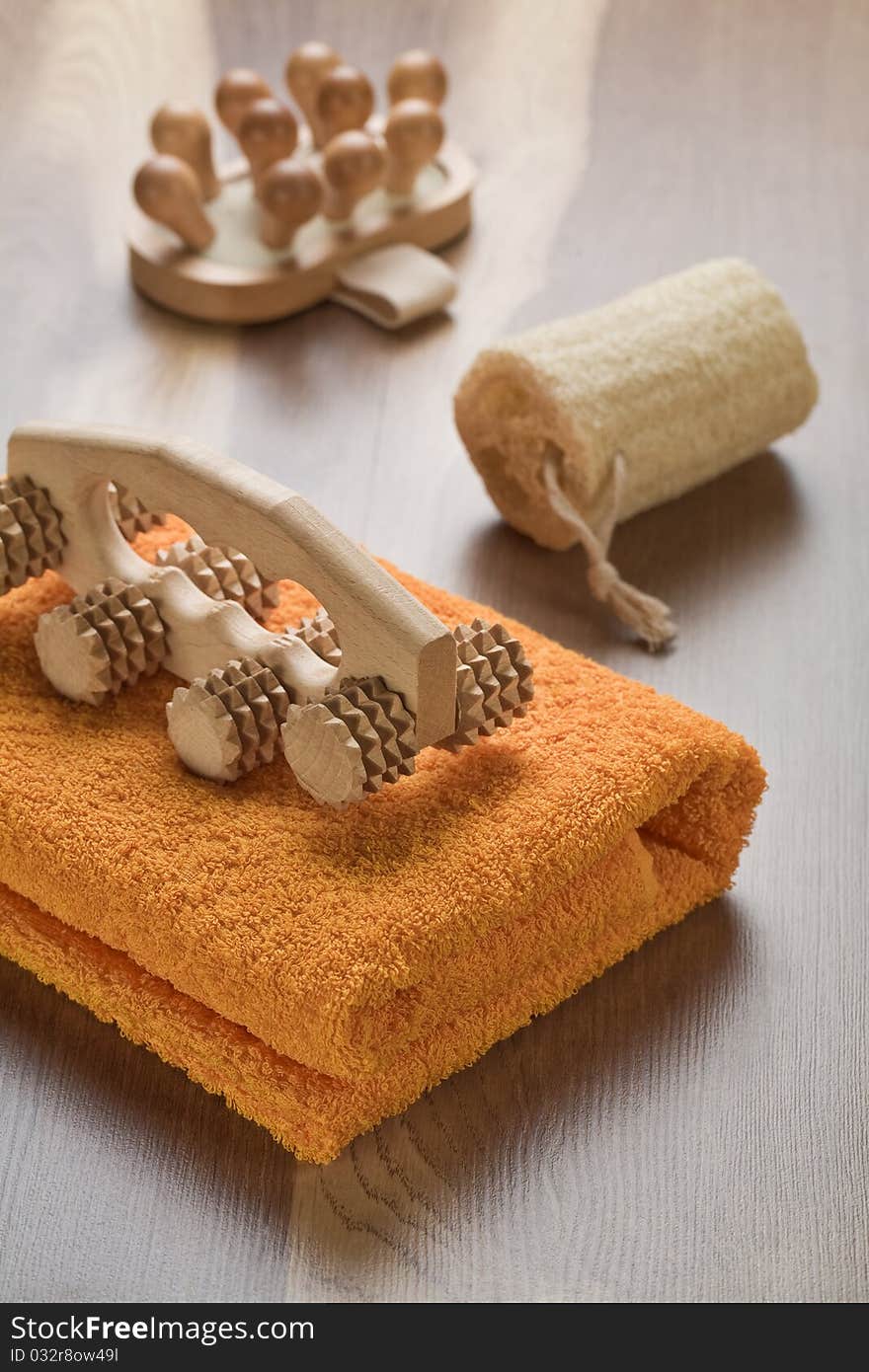 Set for bathing on wooden background