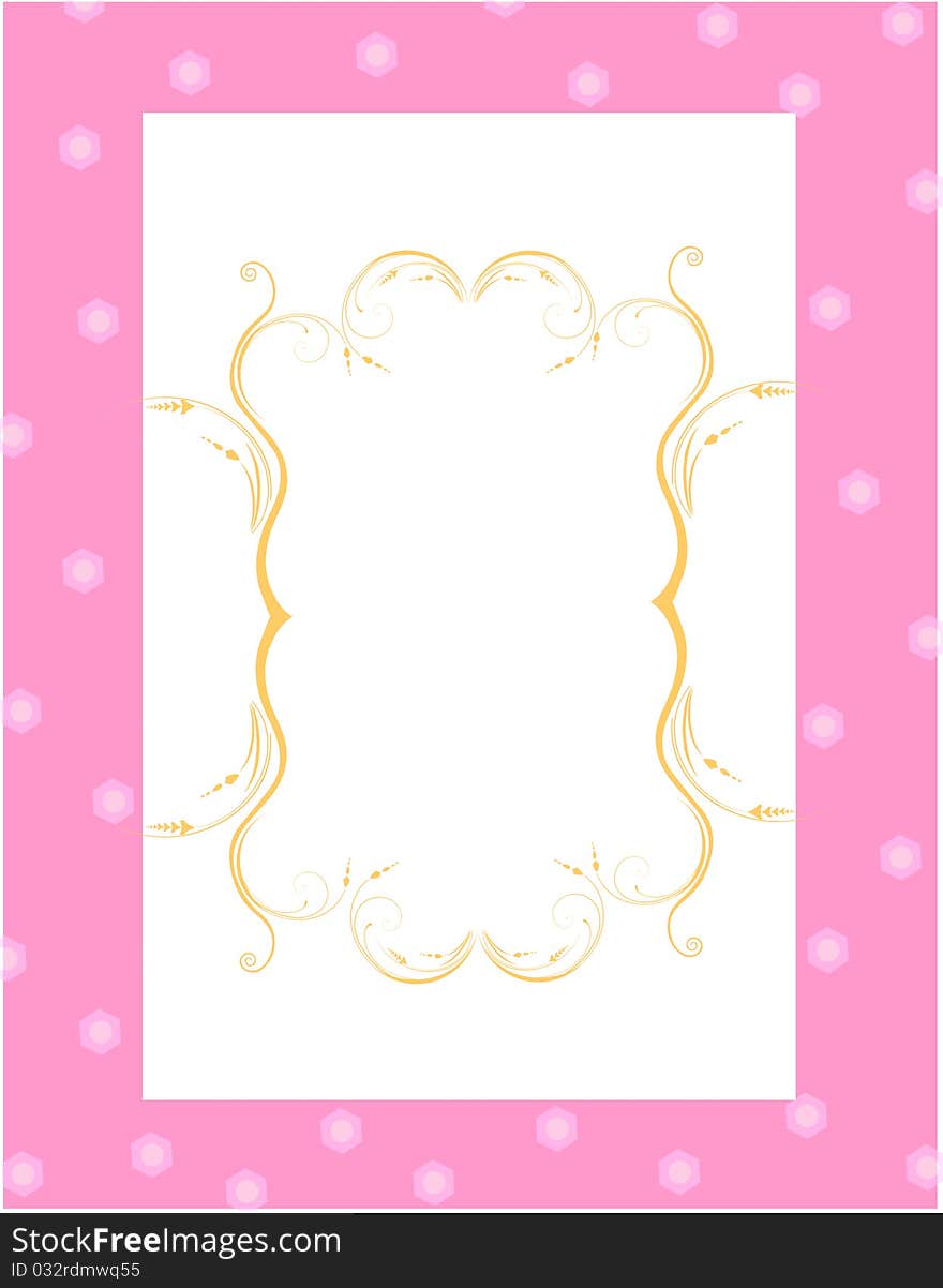 Wedding/party invitation card background with gold floral border on pink background. Wedding/party invitation card background with gold floral border on pink background