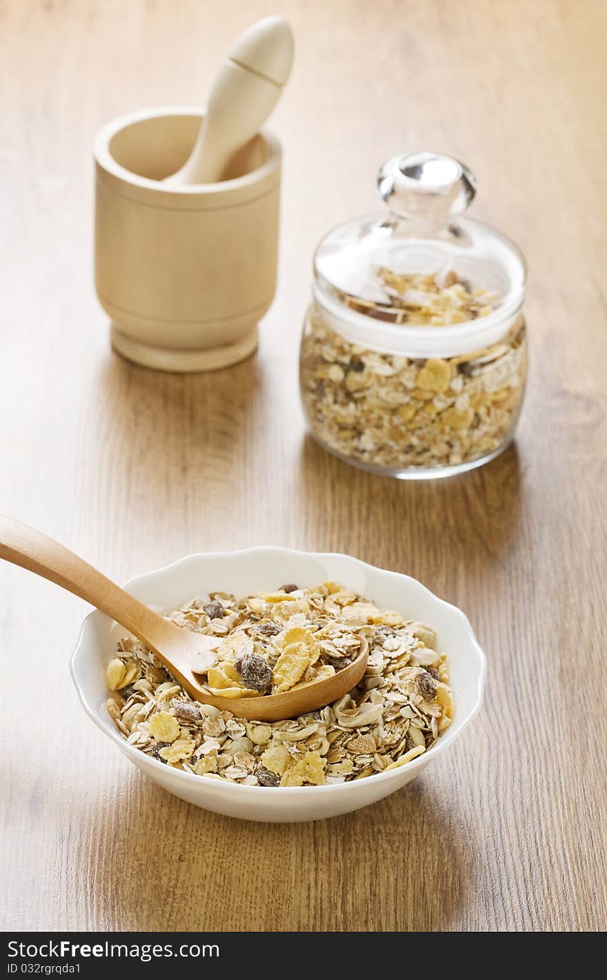 Composition of dietary food mortar and pestle on wooden background