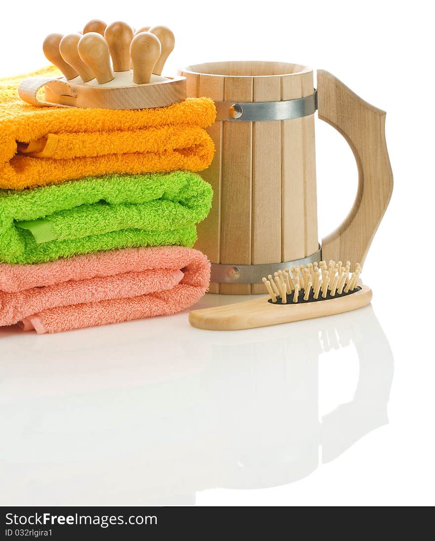 Towels with wooden objects