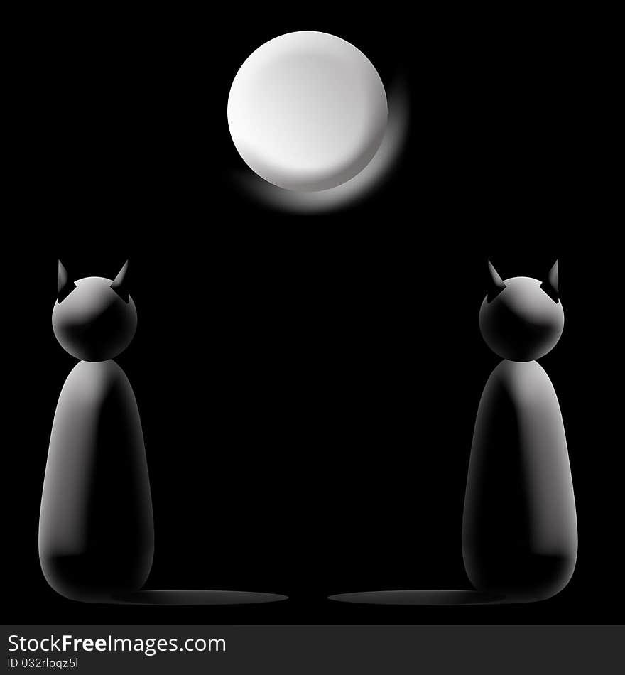 Two black cats dreamer and moon on black background