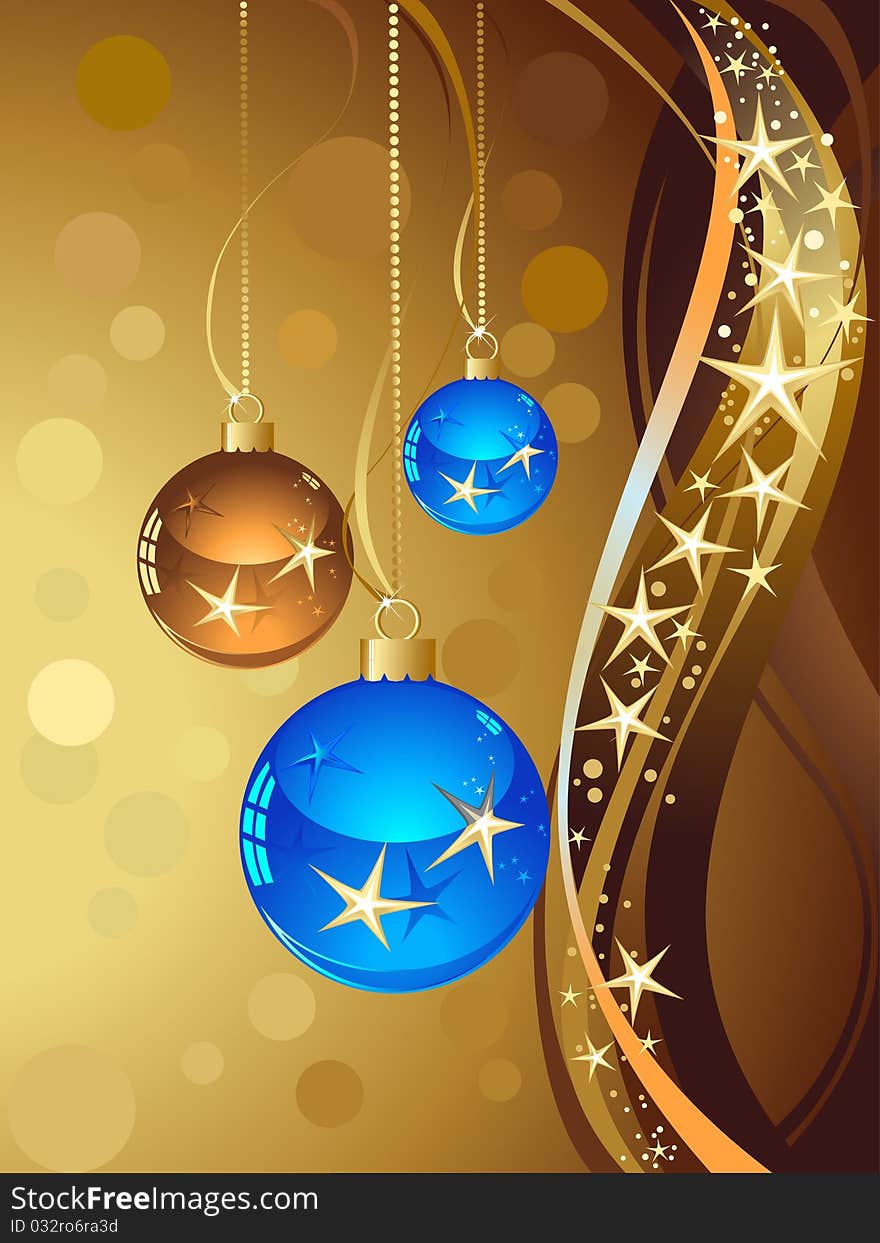 Christmas illustration with color ball and gold stars