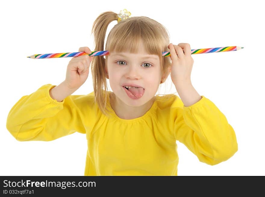 Little girl with colour pencils isolated on the white