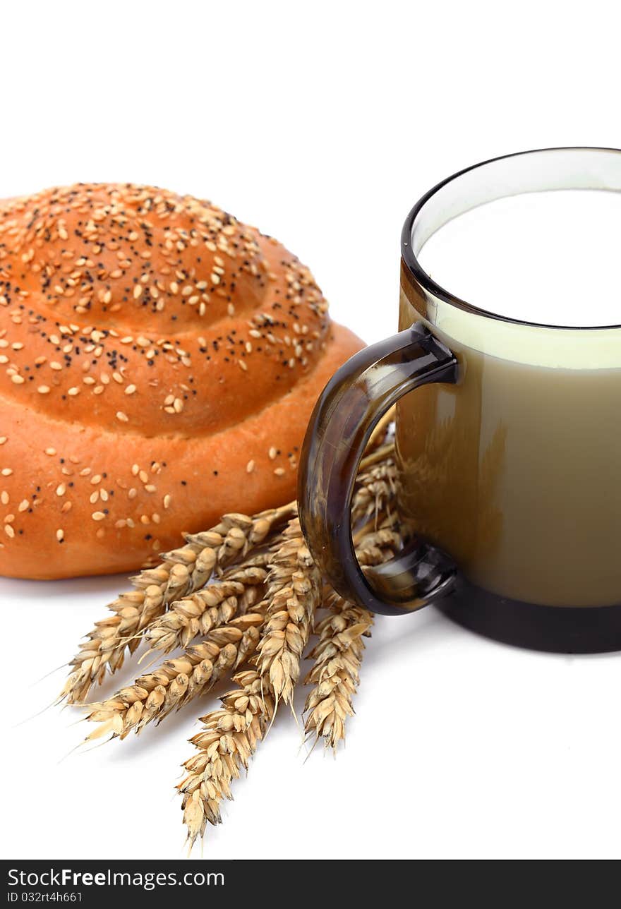 Bread with milk on white background. Bread with milk on white background