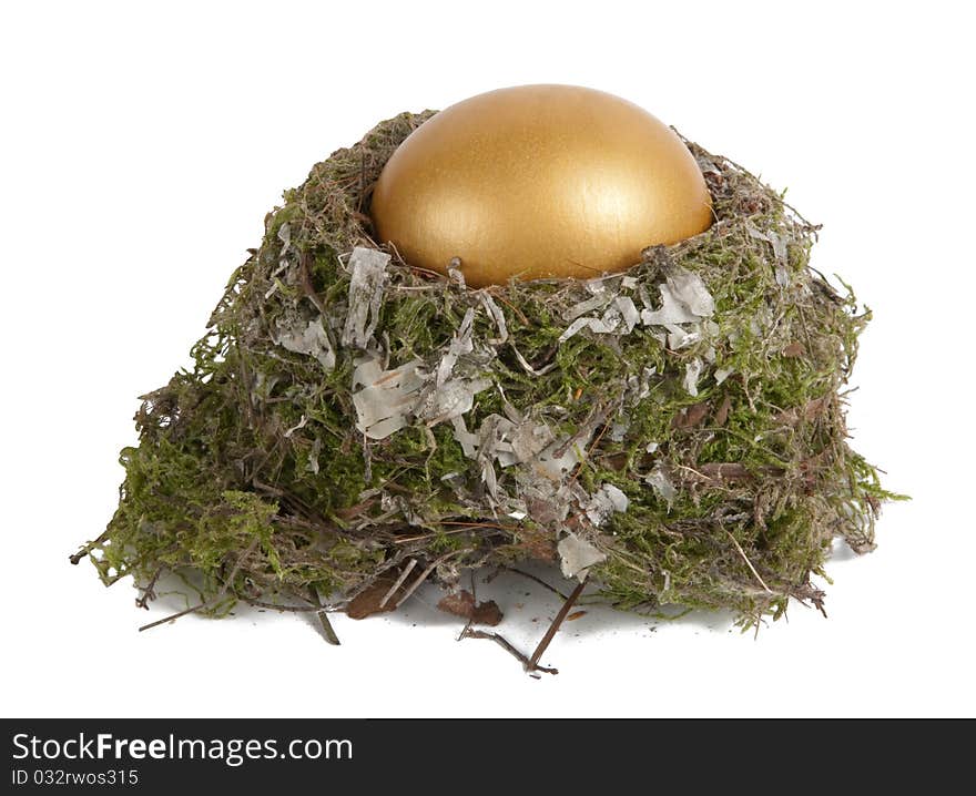 Golden egg in a real nest isolated on white background