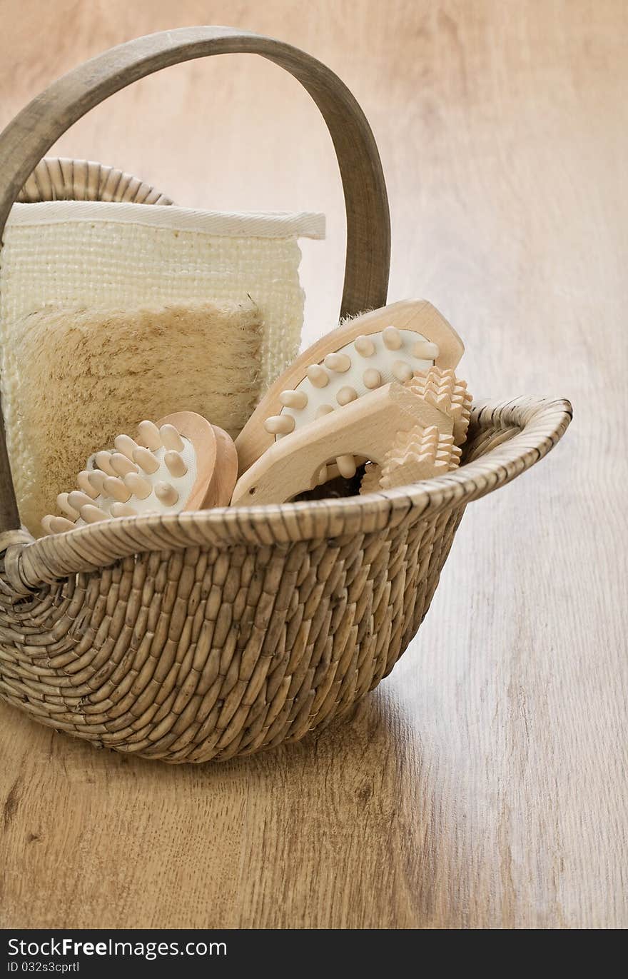 One basket on wooden background