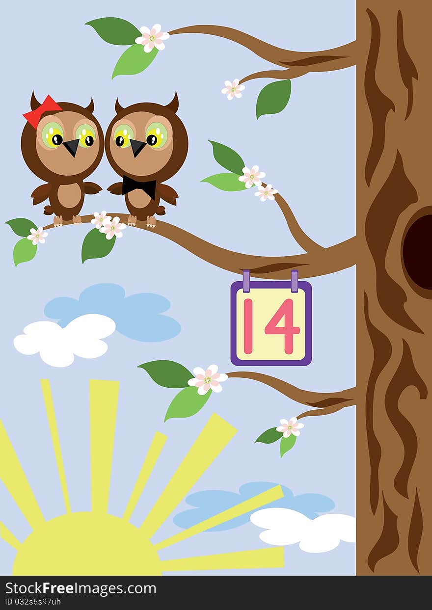 Couple of owls sitting at the branch of cherry. Couple of owls sitting at the branch of cherry