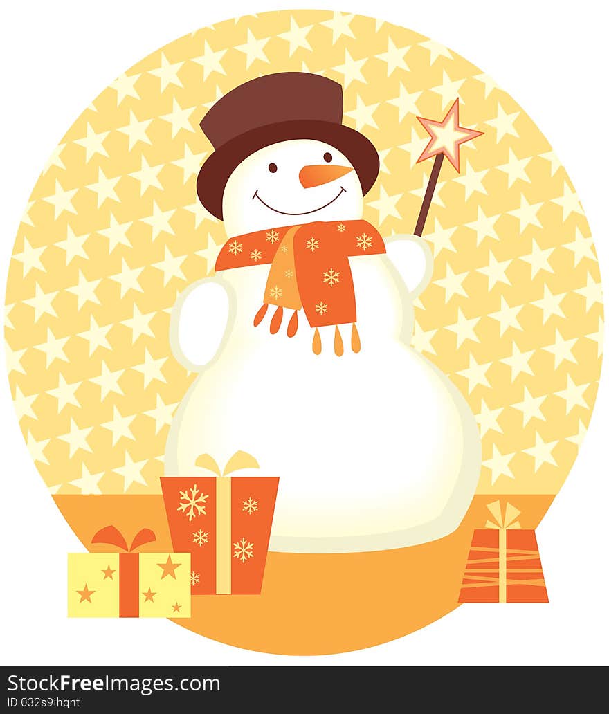 Cheerful snowman with Christmas gifts on the background with gold stars. Cheerful snowman with Christmas gifts on the background with gold stars