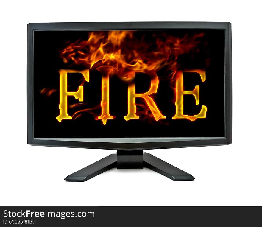 Burning lcd monitor isolated on white