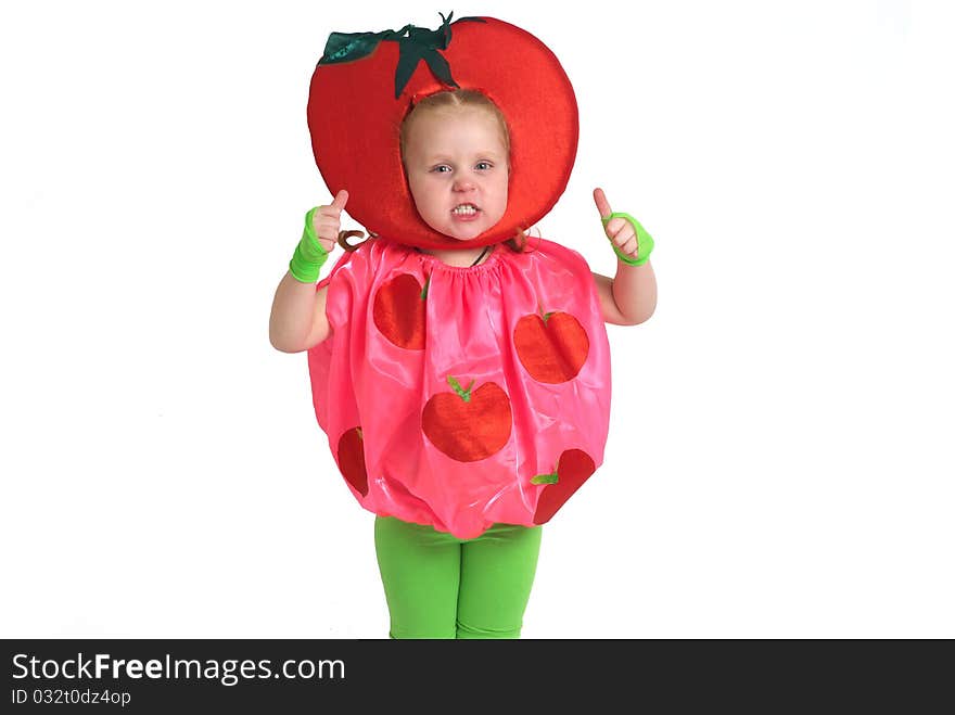 Girl in tomato’s costume isolated on a white background. Girl in tomato’s costume isolated on a white background