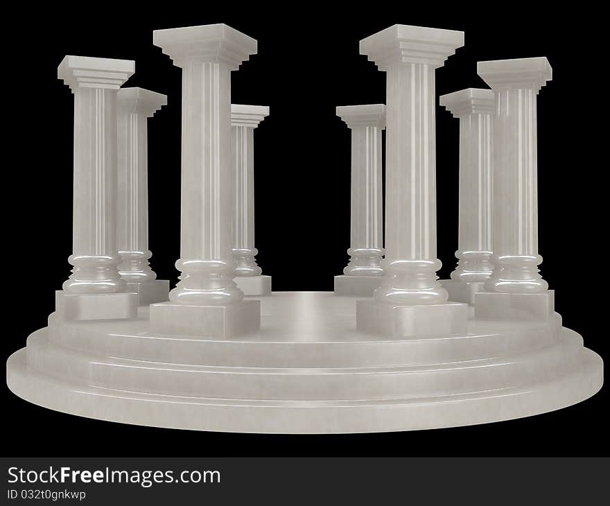 Alabaster pillar rotunda in classic Greek / Roman architectural style with black background.