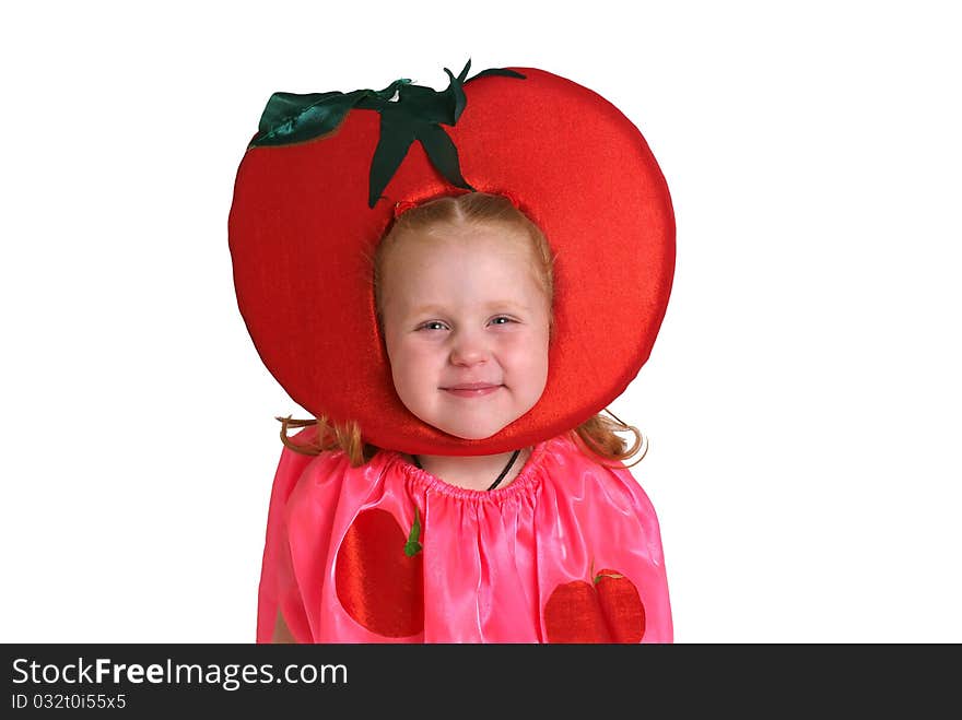 Girl in tomato’s costume isolated on a white background. Girl in tomato’s costume isolated on a white background