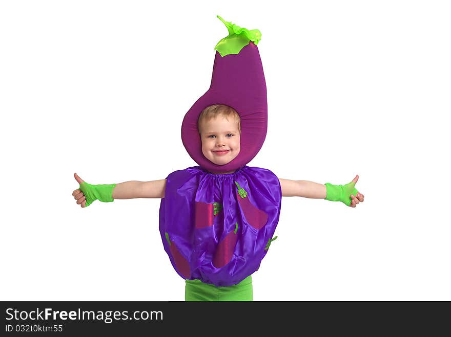 Boy in eggplant costume isolated on a white background. Boy in eggplant costume isolated on a white background