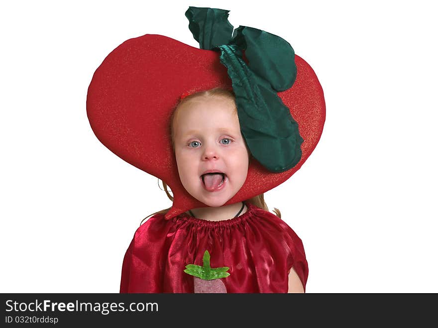 Girl in garden radish costume isolated on a white background. Girl in garden radish costume isolated on a white background