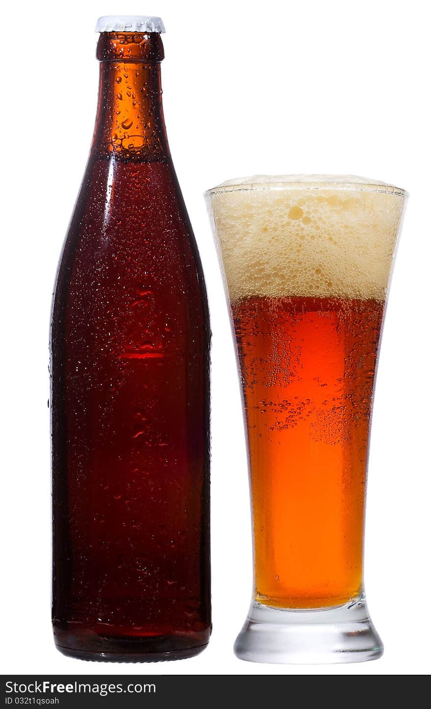 Bottle and glass with beer on white background