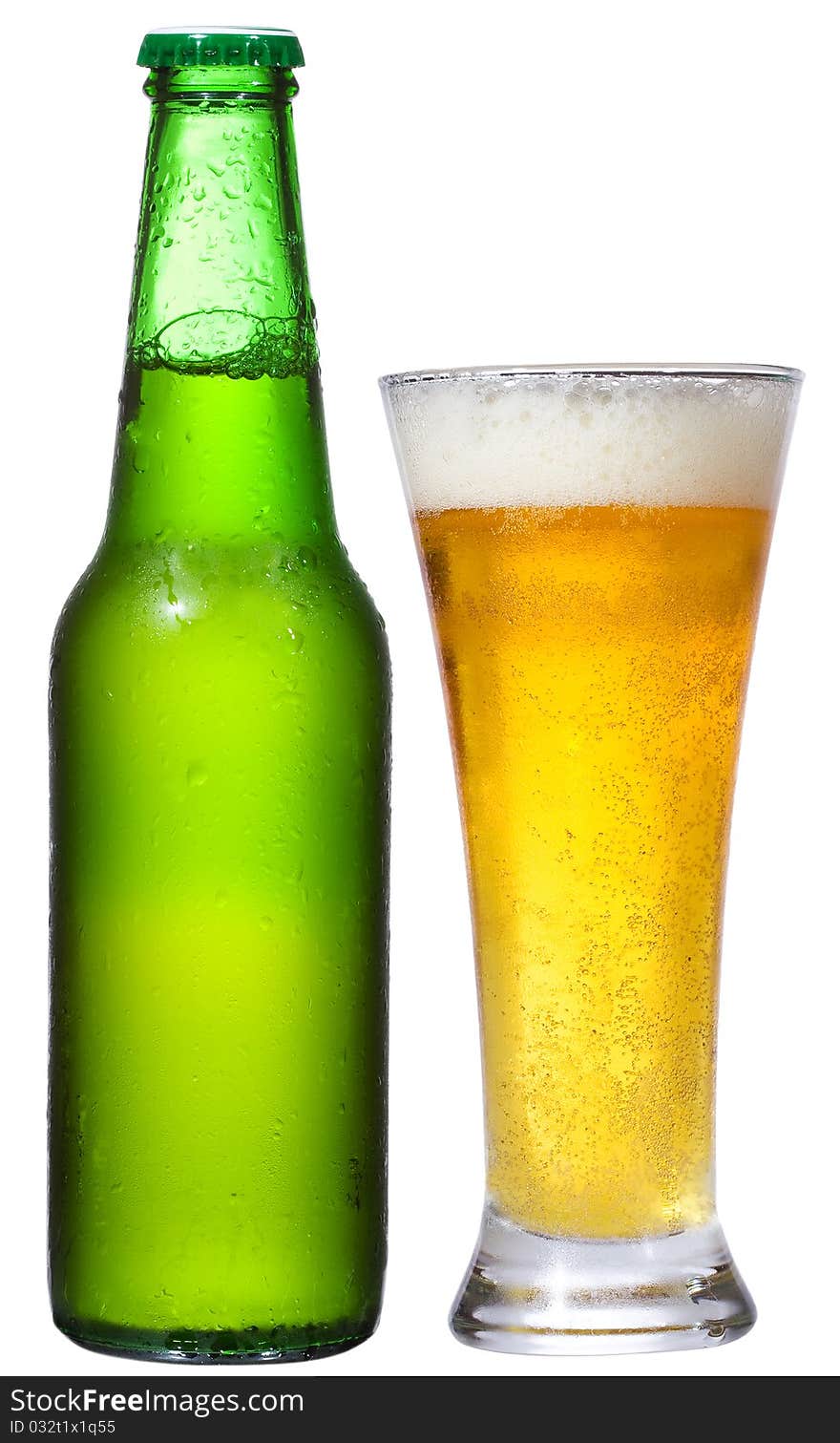 Bottle and glass with beer on white background