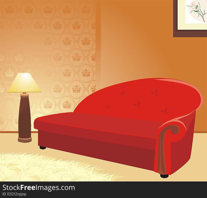 Red Sofa And Floor Lamp. Fragment Of Interior