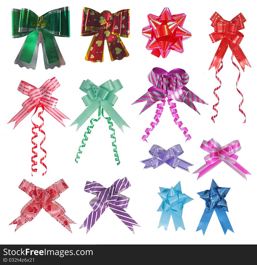 Collection of various ribbons bow on white background