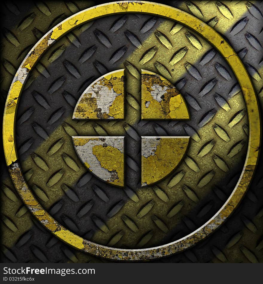 Grunge construction background with a diamond metal plate and a circular cement shape.