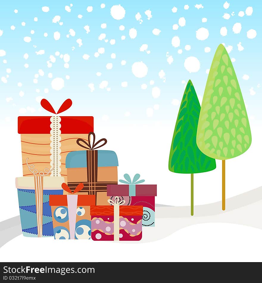 New year gifts with winter background vector