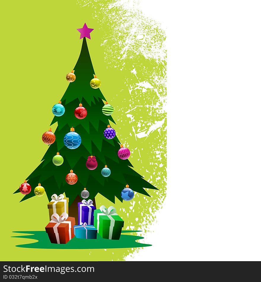 Christmas pine tree with ornament and gift box vector