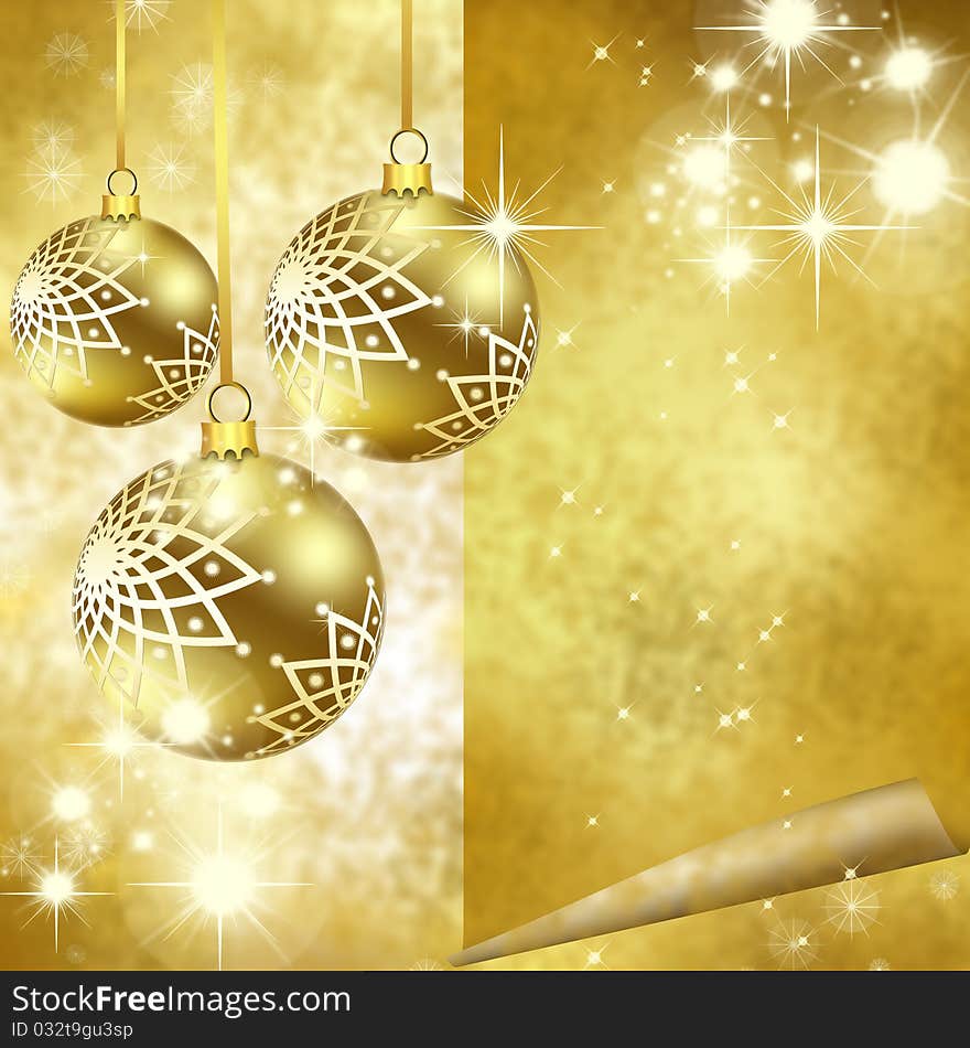 Christmas and New Year background with a glossy gold balls. Christmas and New Year background with a glossy gold balls