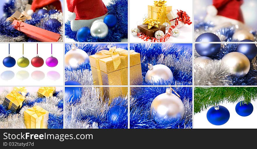 Christmas gifts, crystal ball and Christmas background collage. Christmas gifts, crystal ball and Christmas background collage