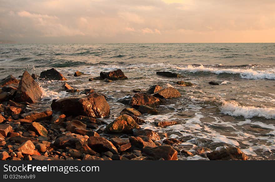 Beautiful sight of a stony seashore before